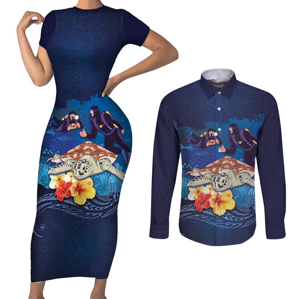 Polynesian Scuba Diving Couples Matching Short Sleeve Bodycon Dress and Long Sleeve Button Shirt Honu with Hibiscus and Plumeria Flower and Tapa Tribal Pattern