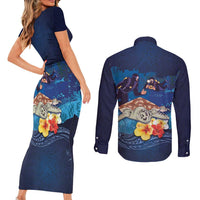 Polynesian Scuba Diving Couples Matching Short Sleeve Bodycon Dress and Long Sleeve Button Shirt Honu with Hibiscus and Plumeria Flower and Tapa Tribal Pattern