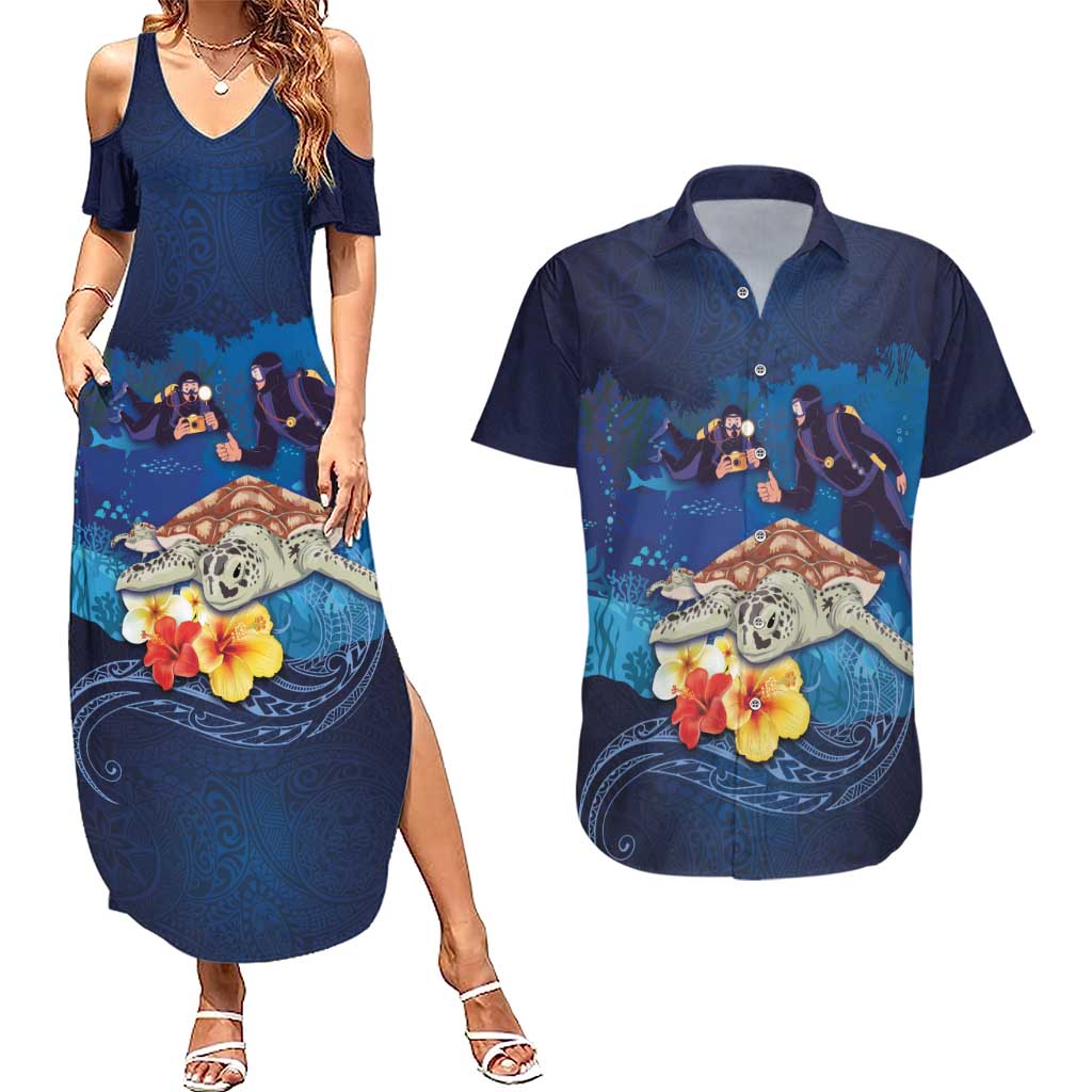 Polynesian Scuba Diving Couples Matching Summer Maxi Dress and Hawaiian Shirt Honu with Hibiscus and Plumeria Flower and Tapa Tribal Pattern