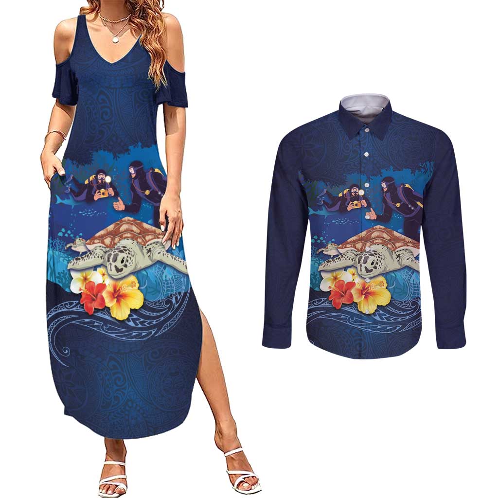 Polynesian Scuba Diving Couples Matching Summer Maxi Dress and Long Sleeve Button Shirt Honu with Hibiscus and Plumeria Flower and Tapa Tribal Pattern