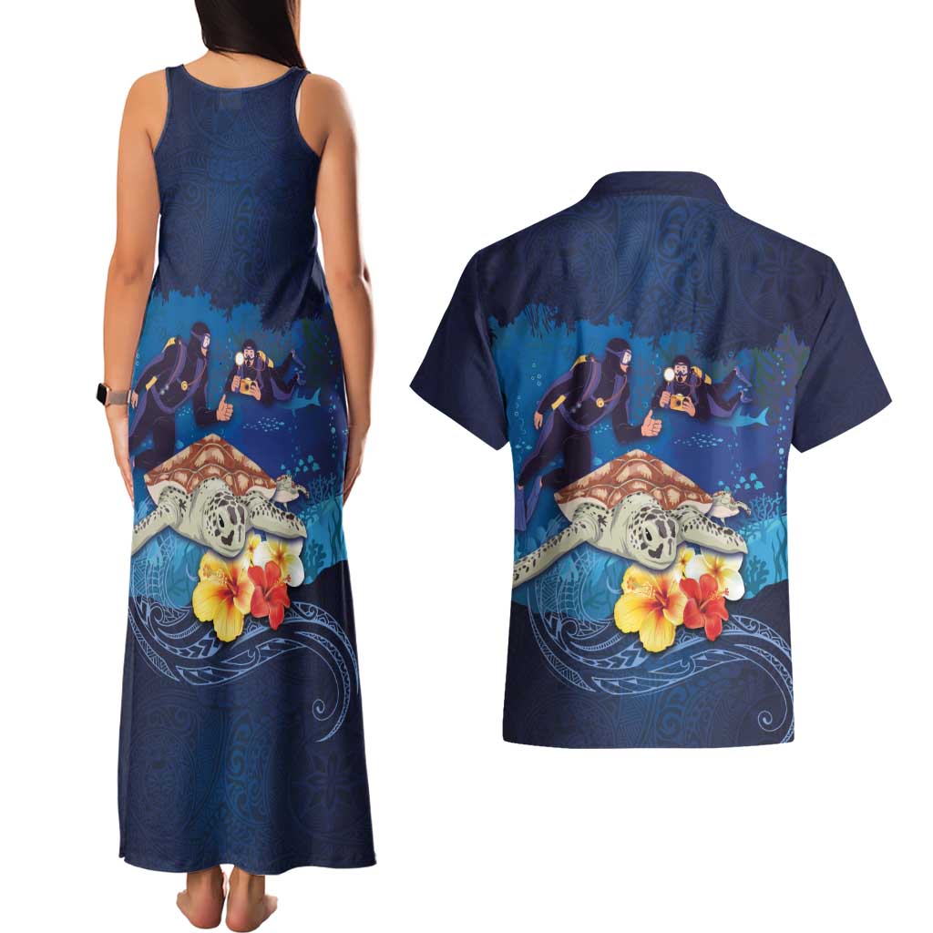 Polynesian Scuba Diving Couples Matching Tank Maxi Dress and Hawaiian Shirt Honu with Hibiscus and Plumeria Flower and Tapa Tribal Pattern