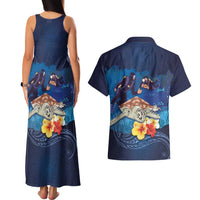 Polynesian Scuba Diving Couples Matching Tank Maxi Dress and Hawaiian Shirt Honu with Hibiscus and Plumeria Flower and Tapa Tribal Pattern