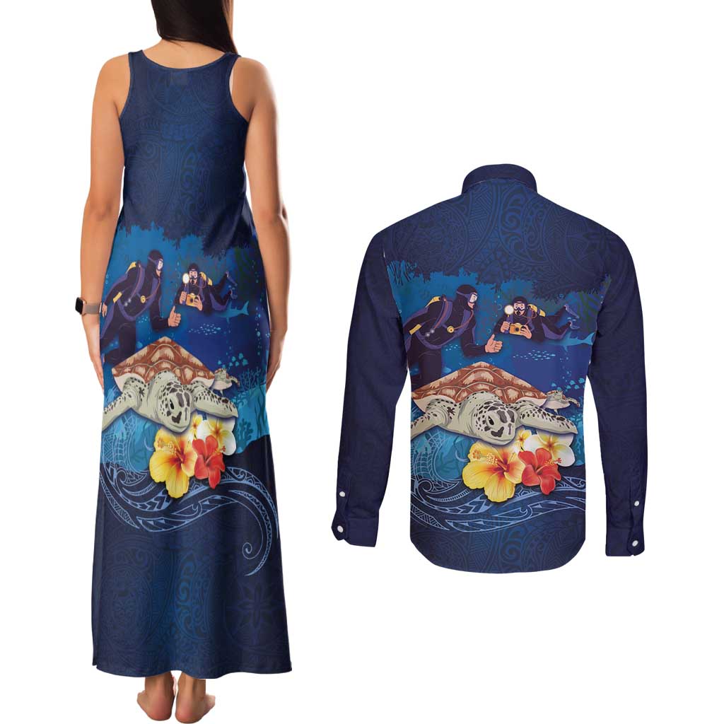 Polynesian Scuba Diving Couples Matching Tank Maxi Dress and Long Sleeve Button Shirt Honu with Hibiscus and Plumeria Flower and Tapa Tribal Pattern