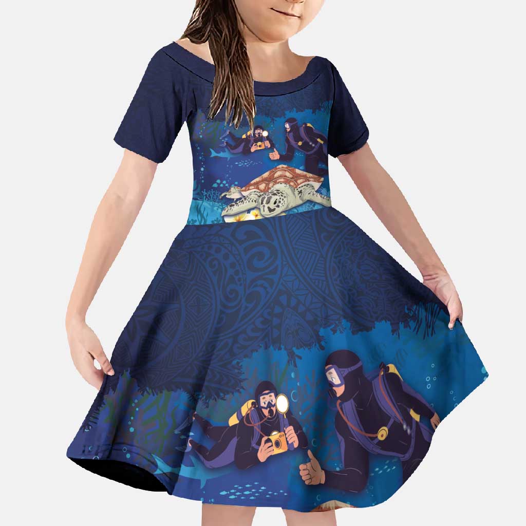 Polynesian Scuba Diving Family Matching Long Sleeve Bodycon Dress and Hawaiian Shirt Honu with Hibiscus and Plumeria Flower and Tapa Tribal Pattern LT03 Daughter's Dress Blue - Polynesian Pride