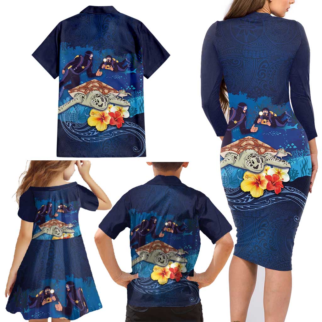 Polynesian Scuba Diving Family Matching Long Sleeve Bodycon Dress and Hawaiian Shirt Honu with Hibiscus and Plumeria Flower and Tapa Tribal Pattern LT03 - Polynesian Pride