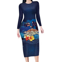 Polynesian Scuba Diving Family Matching Long Sleeve Bodycon Dress and Hawaiian Shirt Honu with Hibiscus and Plumeria Flower and Tapa Tribal Pattern LT03 Mom's Dress Blue - Polynesian Pride