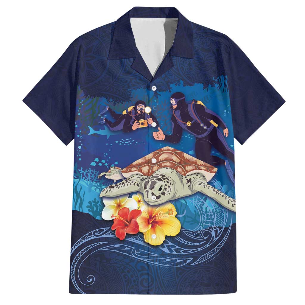 Polynesian Scuba Diving Family Matching Off Shoulder Maxi Dress and Hawaiian Shirt Honu with Hibiscus and Plumeria Flower and Tapa Tribal Pattern LT03 Dad's Shirt - Short Sleeve Blue - Polynesian Pride