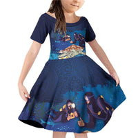 Polynesian Scuba Diving Family Matching Off Shoulder Short Dress and Hawaiian Shirt Honu with Hibiscus and Plumeria Flower and Tapa Tribal Pattern LT03 Daughter's Dress Blue - Polynesian Pride
