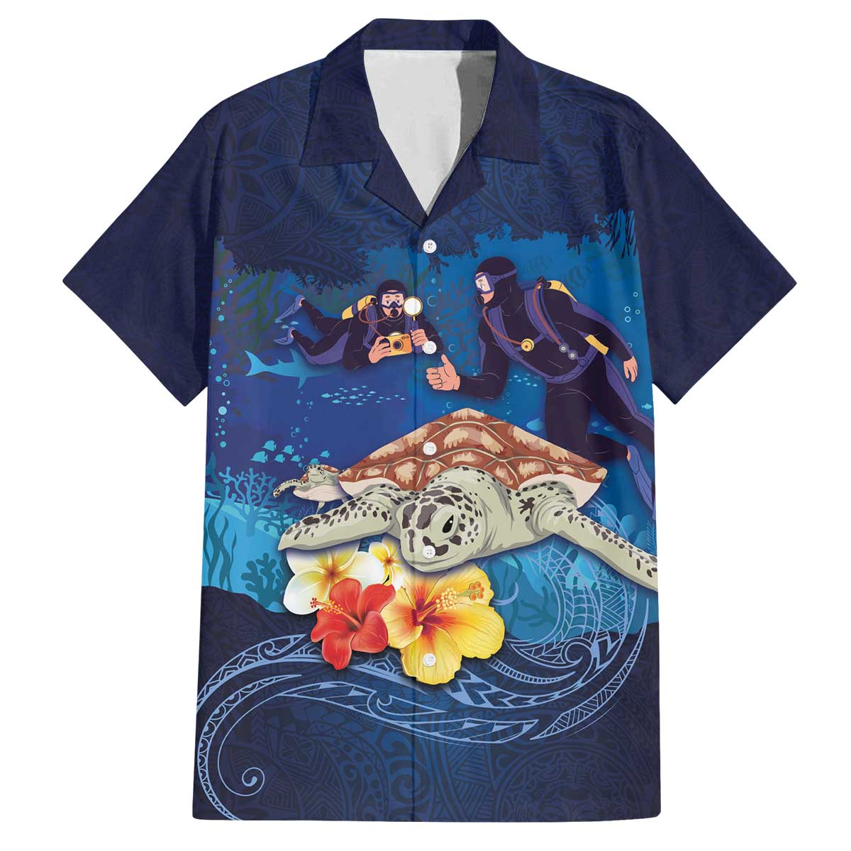 Polynesian Scuba Diving Family Matching Off Shoulder Short Dress and Hawaiian Shirt Honu with Hibiscus and Plumeria Flower and Tapa Tribal Pattern LT03 Dad's Shirt - Short Sleeve Blue - Polynesian Pride