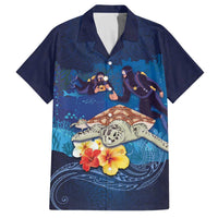 Polynesian Scuba Diving Family Matching Off Shoulder Short Dress and Hawaiian Shirt Honu with Hibiscus and Plumeria Flower and Tapa Tribal Pattern LT03 Dad's Shirt - Short Sleeve Blue - Polynesian Pride