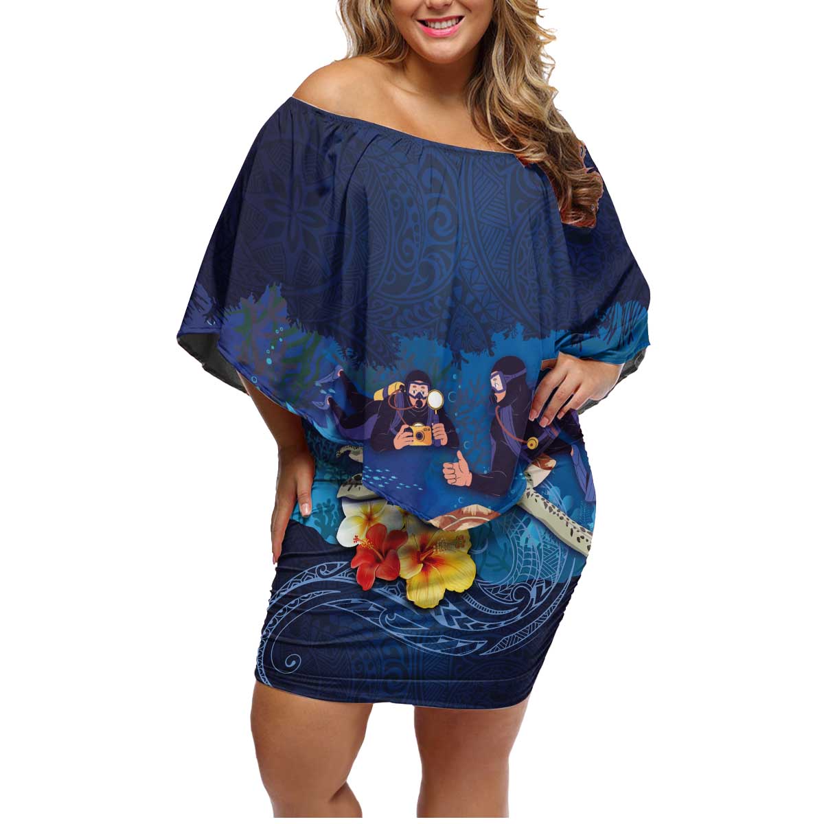 Polynesian Scuba Diving Family Matching Off Shoulder Short Dress and Hawaiian Shirt Honu with Hibiscus and Plumeria Flower and Tapa Tribal Pattern LT03 Mom's Dress Blue - Polynesian Pride