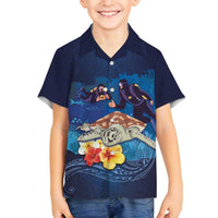 Polynesian Scuba Diving Family Matching Off Shoulder Short Dress and Hawaiian Shirt Honu with Hibiscus and Plumeria Flower and Tapa Tribal Pattern LT03 Son's Shirt Blue - Polynesian Pride