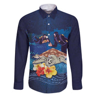 Polynesian Scuba Diving Family Matching Summer Maxi Dress and Hawaiian Shirt Honu with Hibiscus and Plumeria Flower and Tapa Tribal Pattern LT03 Dad's Shirt - Long Sleeve Blue - Polynesian Pride