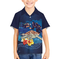 Polynesian Scuba Diving Family Matching Summer Maxi Dress and Hawaiian Shirt Honu with Hibiscus and Plumeria Flower and Tapa Tribal Pattern LT03 Son's Shirt Blue - Polynesian Pride
