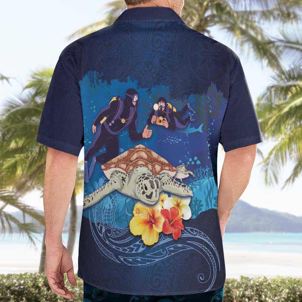 Polynesian Scuba Diving Hawaiian Shirt Honu with Hibiscus and Plumeria Flower and Tapa Tribal Pattern