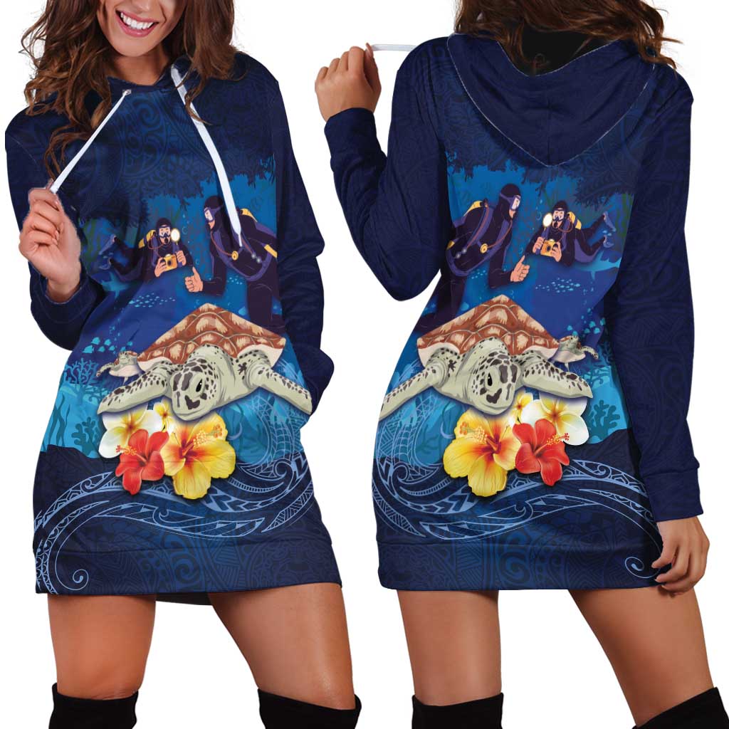 Polynesian Scuba Diving Hoodie Dress Honu with Hibiscus and Plumeria Flower and Tapa Tribal Pattern