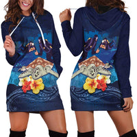 Polynesian Scuba Diving Hoodie Dress Honu with Hibiscus and Plumeria Flower and Tapa Tribal Pattern