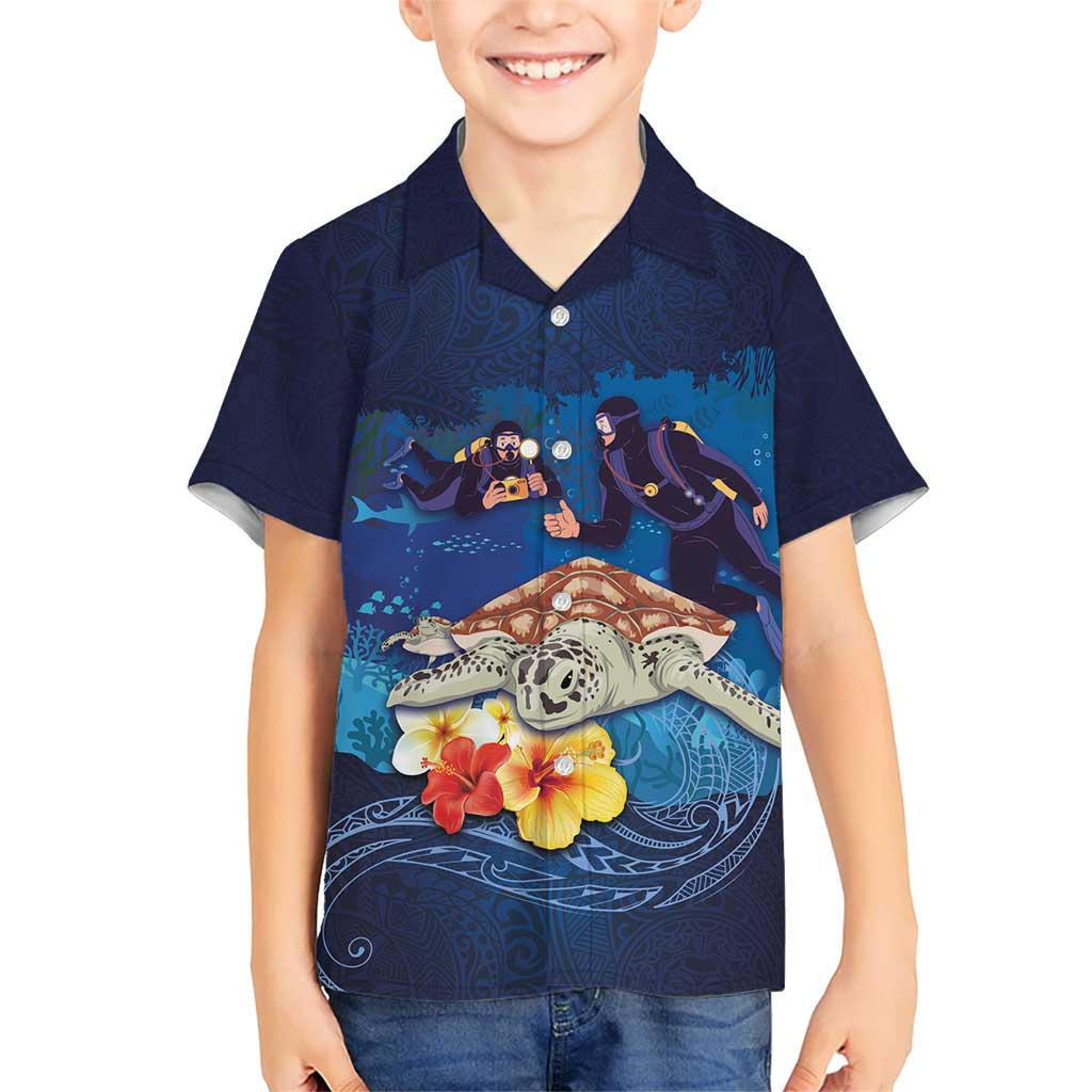Polynesian Scuba Diving Kid Hawaiian Shirt Honu with Hibiscus and Plumeria Flower and Tapa Tribal Pattern