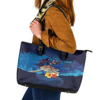 Polynesian Scuba Diving Leather Tote Bag Honu with Hibiscus and Plumeria Flower and Tapa Tribal Pattern LT03 Blue - Polynesian Pride