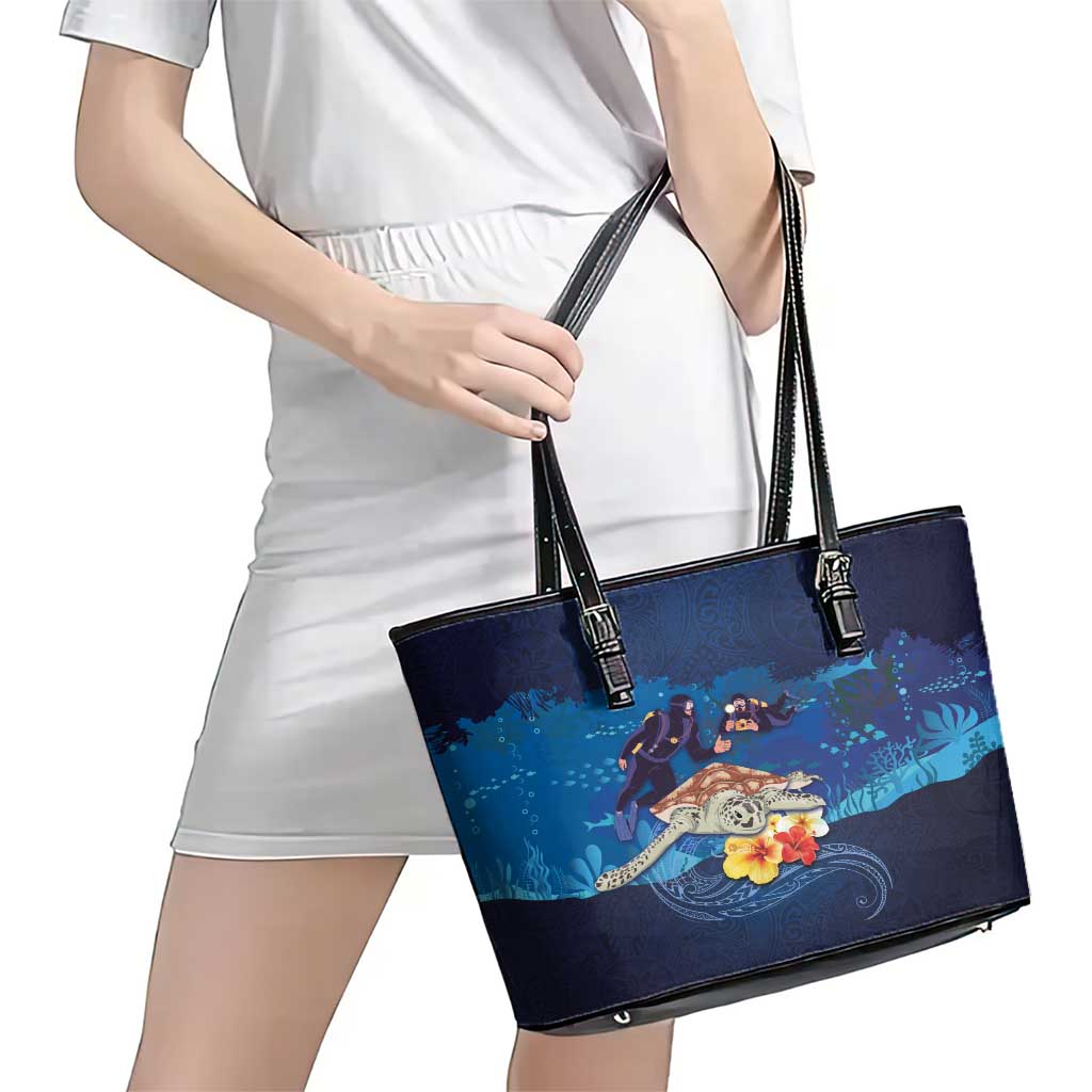 Polynesian Scuba Diving Leather Tote Bag Honu with Hibiscus and Plumeria Flower and Tapa Tribal Pattern LT03 - Polynesian Pride