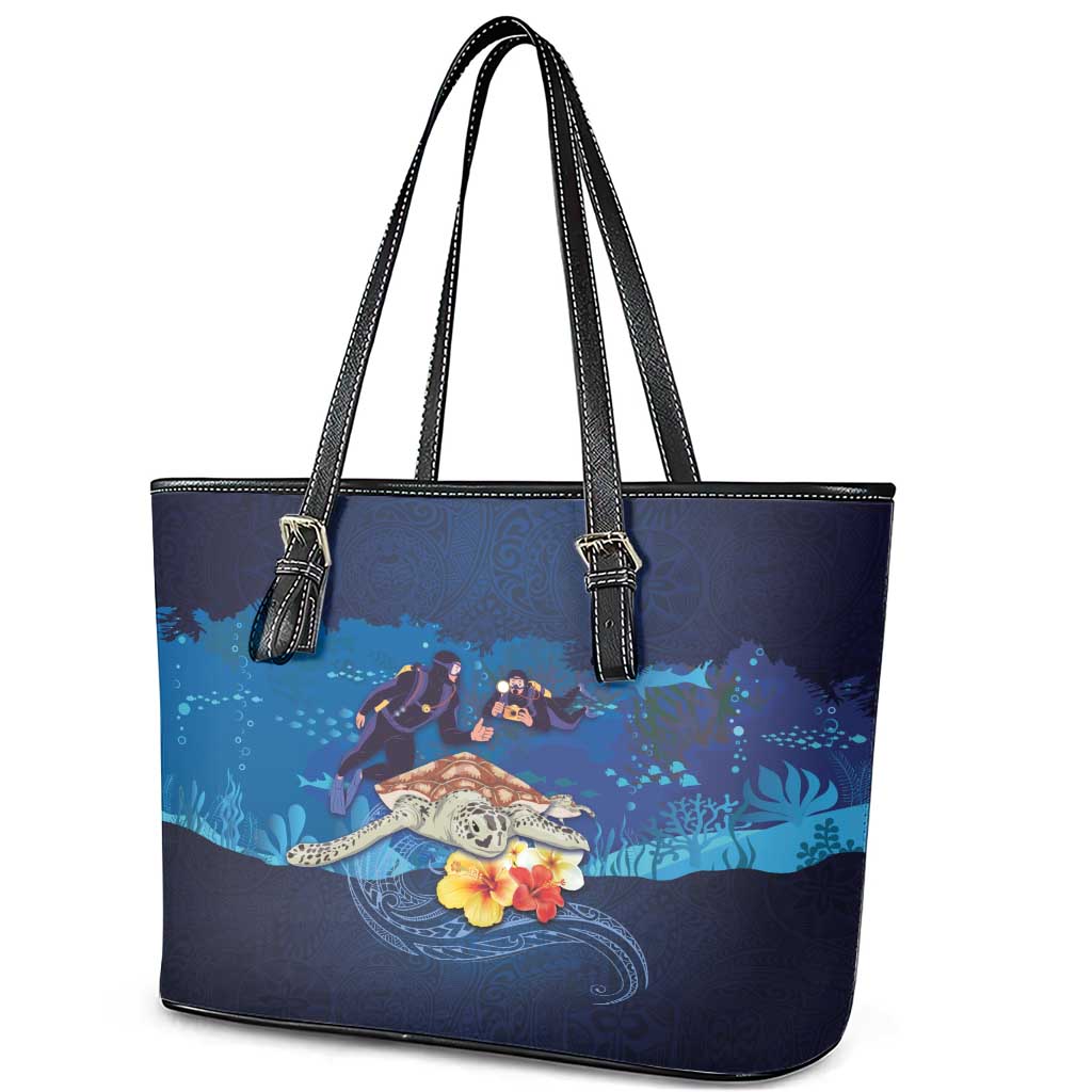 Polynesian Scuba Diving Leather Tote Bag Honu with Hibiscus and Plumeria Flower and Tapa Tribal Pattern LT03 - Polynesian Pride
