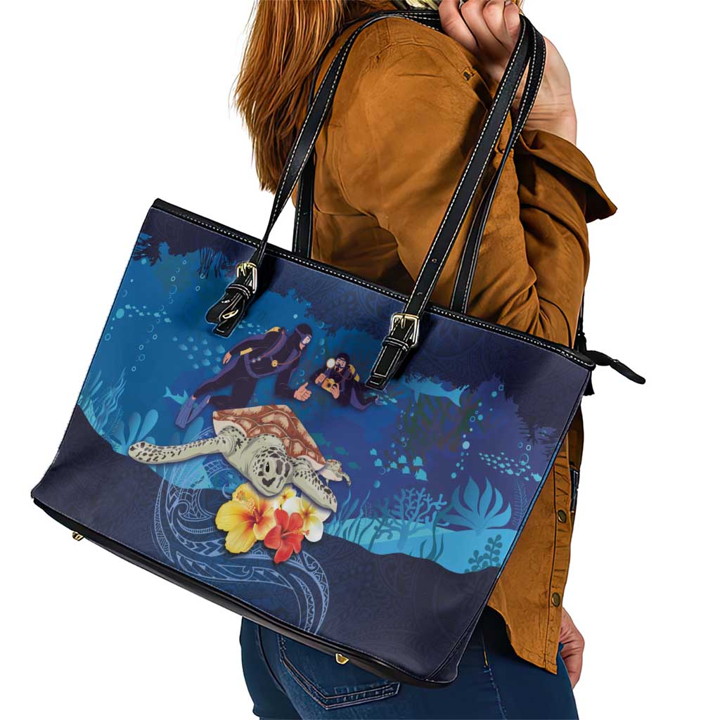 Polynesian Scuba Diving Leather Tote Bag Honu with Hibiscus and Plumeria Flower and Tapa Tribal Pattern LT03 - Polynesian Pride