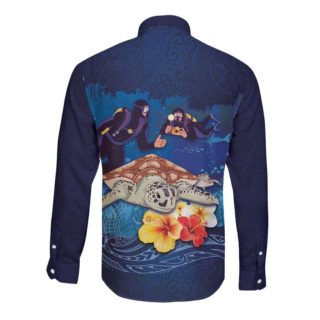 Polynesian Scuba Diving Long Sleeve Button Shirt Honu with Hibiscus and Plumeria Flower and Tapa Tribal Pattern LT03 - Polynesian Pride
