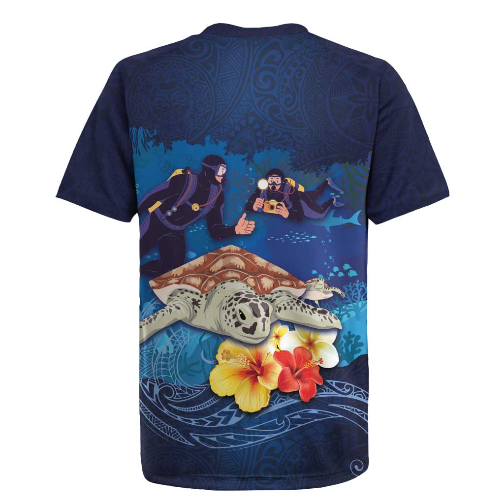 Polynesian Scuba Diving Rugby Jersey Honu with Hibiscus and Plumeria Flower and Tapa Tribal Pattern