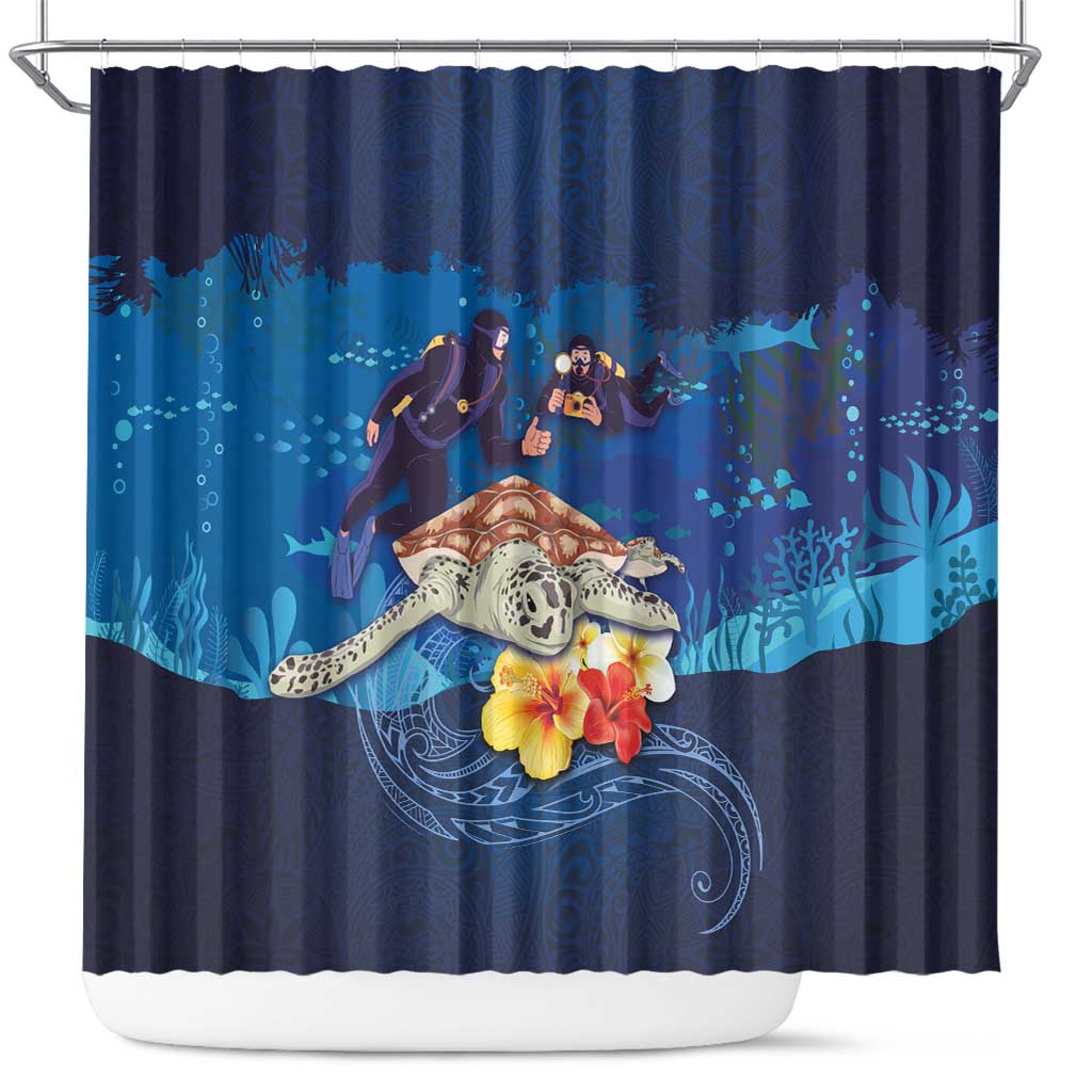 Polynesian Scuba Diving Shower Curtain Honu with Hibiscus and Plumeria Flower and Tapa Tribal Pattern LT03 Blue - Polynesian Pride