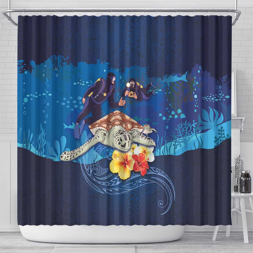 Polynesian Scuba Diving Shower Curtain Honu with Hibiscus and Plumeria Flower and Tapa Tribal Pattern LT03 - Polynesian Pride