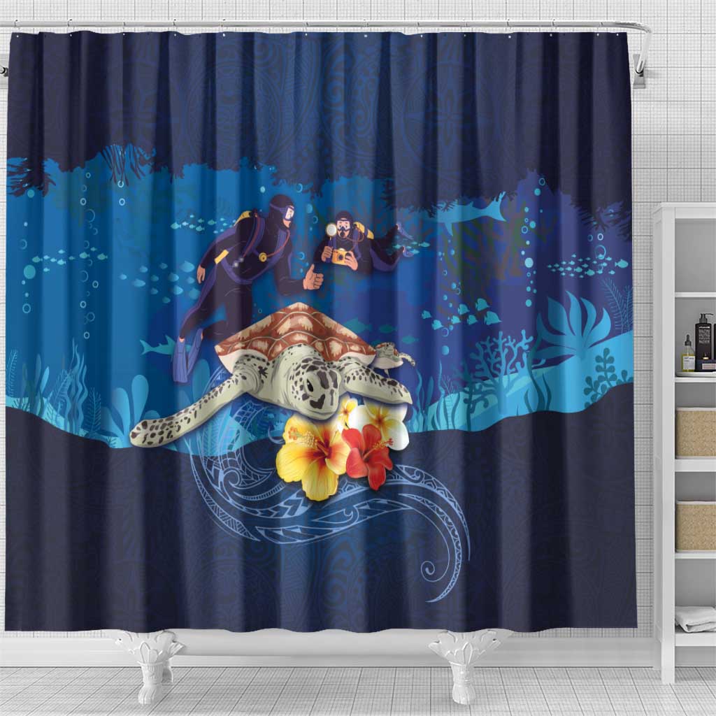 Polynesian Scuba Diving Shower Curtain Honu with Hibiscus and Plumeria Flower and Tapa Tribal Pattern LT03 - Polynesian Pride