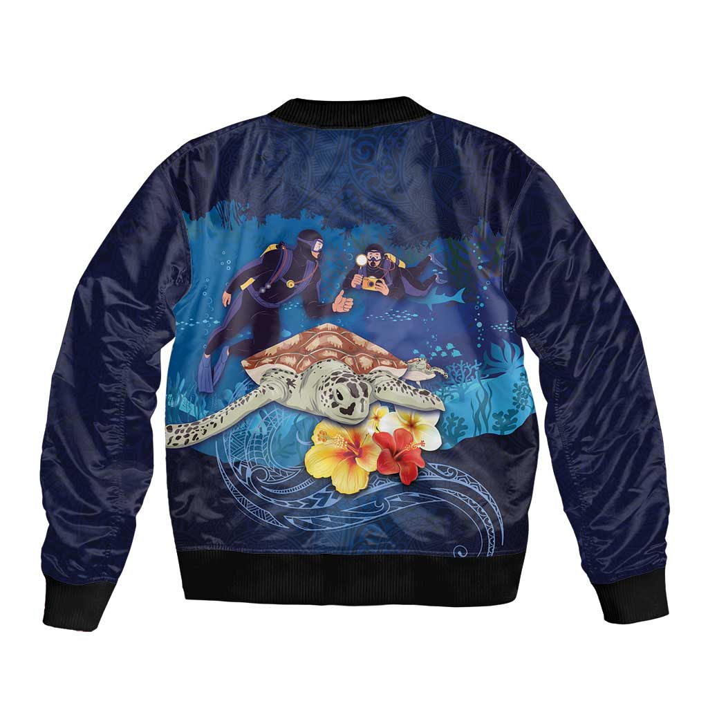 Polynesian Scuba Diving Sleeve Zip Bomber Jacket Honu with Hibiscus and Plumeria Flower and Tapa Tribal Pattern