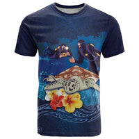 Polynesian Scuba Diving T Shirt Honu with Hibiscus and Plumeria Flower and Tapa Tribal Pattern LT03 Blue - Polynesian Pride