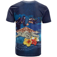 Polynesian Scuba Diving T Shirt Honu with Hibiscus and Plumeria Flower and Tapa Tribal Pattern LT03 - Polynesian Pride