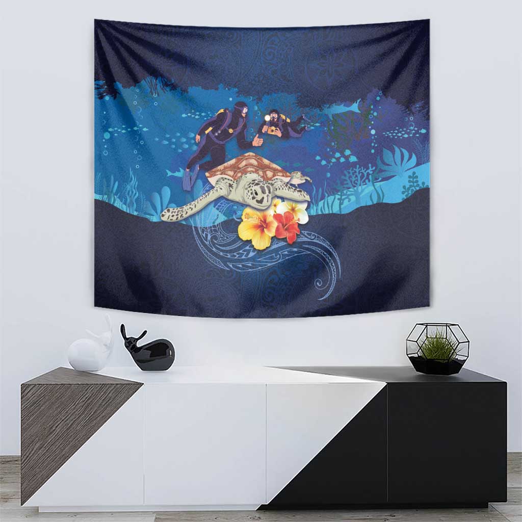 Polynesian Scuba Diving Tapestry Honu with Hibiscus and Plumeria Flower and Tapa Tribal Pattern