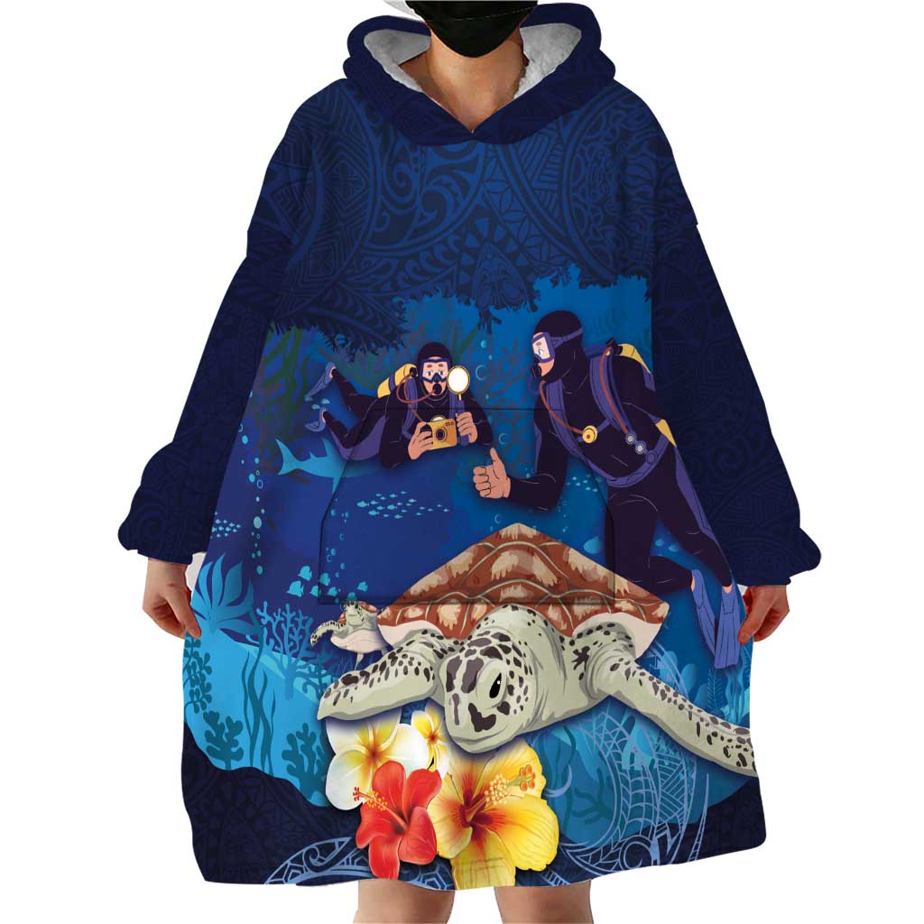 Polynesian Scuba Diving Wearable Blanket Hoodie Honu with Hibiscus and Plumeria Flower and Tapa Tribal Pattern