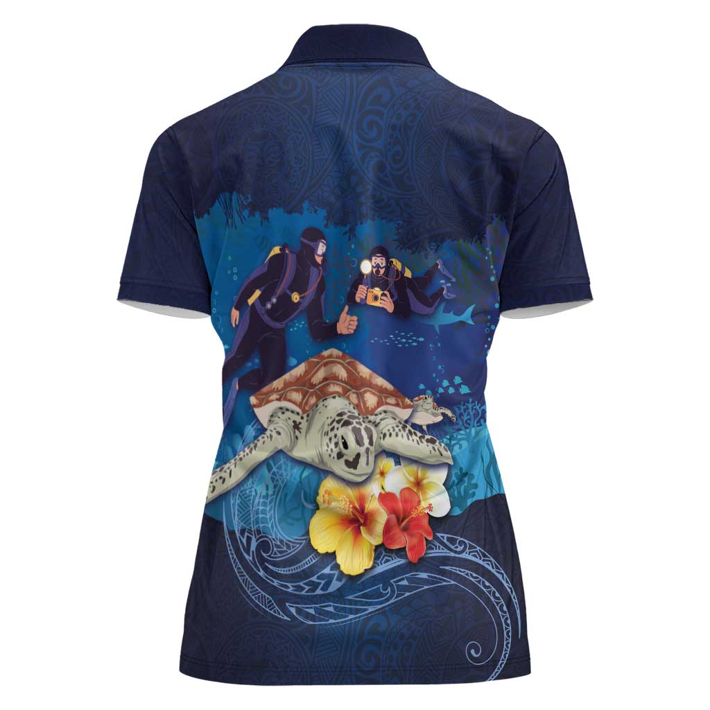Polynesian Scuba Diving Women Polo Shirt Honu with Hibiscus and Plumeria Flower and Tapa Tribal Pattern