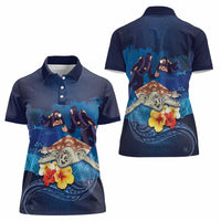 Polynesian Scuba Diving Women Polo Shirt Honu with Hibiscus and Plumeria Flower and Tapa Tribal Pattern