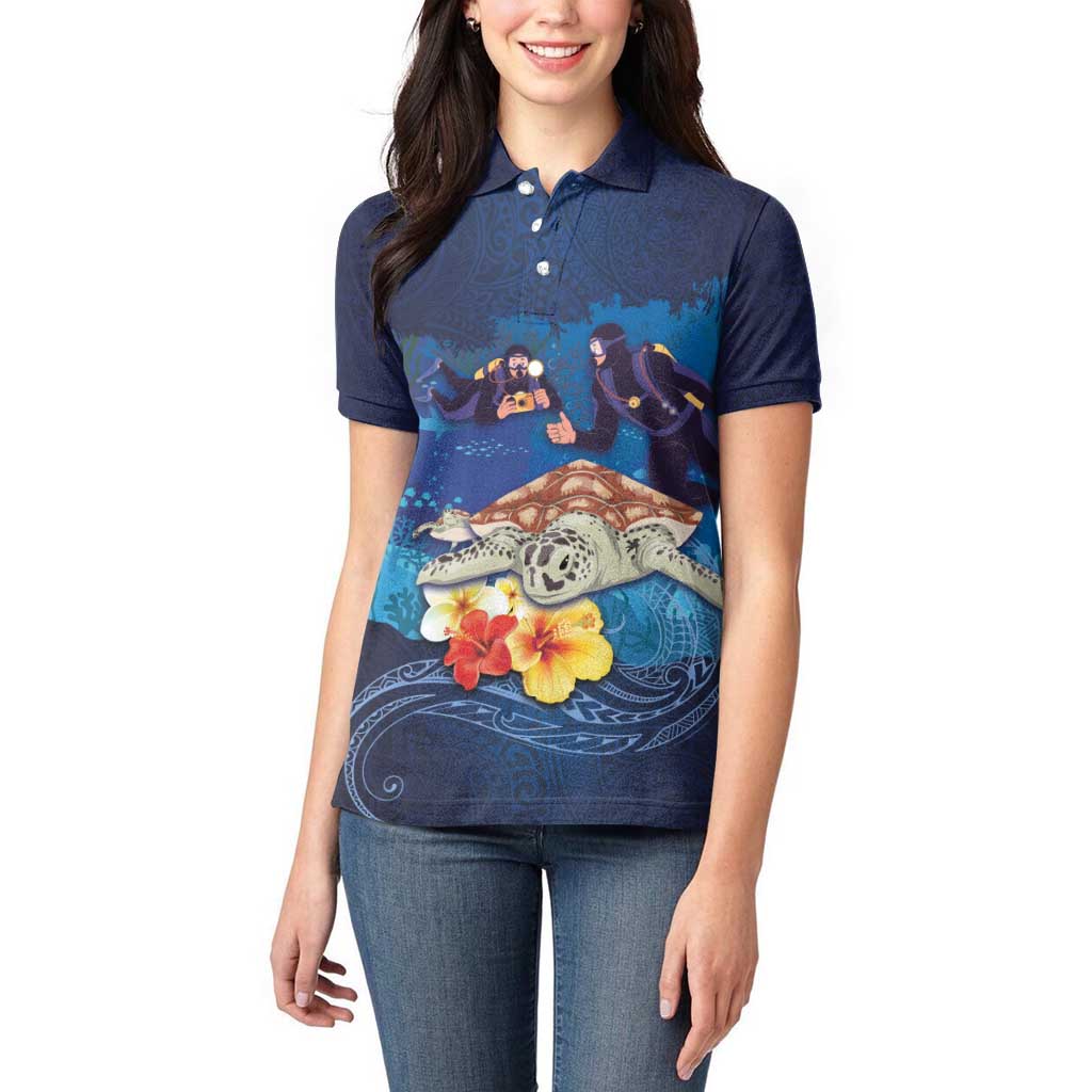 Polynesian Scuba Diving Women Polo Shirt Honu with Hibiscus and Plumeria Flower and Tapa Tribal Pattern