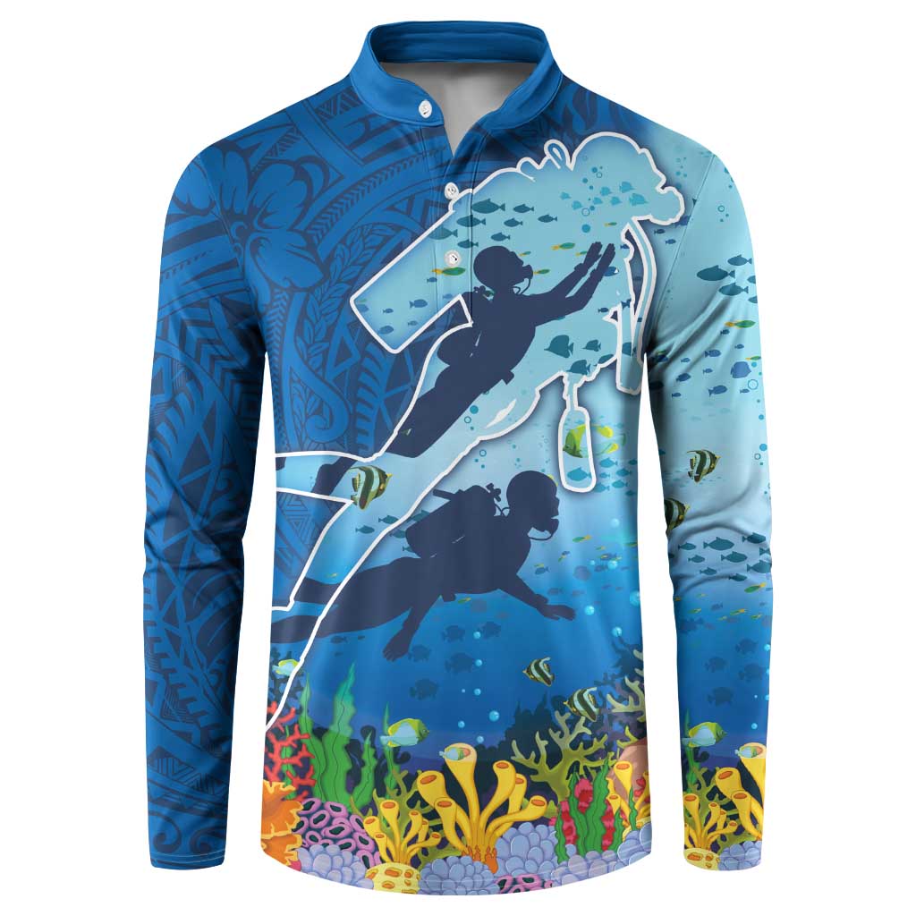 Polynesian Scuba Diving Button Sweatshirt Beauty Corals with Underwater and Polynesian Pattern LT03 Blue - Polynesian Pride