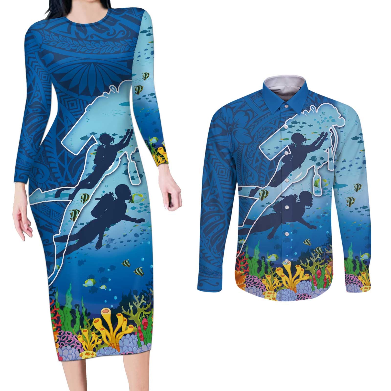 Polynesian Scuba Diving Couples Matching Long Sleeve Bodycon Dress and Long Sleeve Button Shirt Beauty Corals with Underwater and Polynesian Pattern