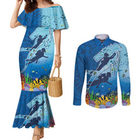 Polynesian Scuba Diving Couples Matching Mermaid Dress and Long Sleeve Button Shirt Beauty Corals with Underwater and Polynesian Pattern