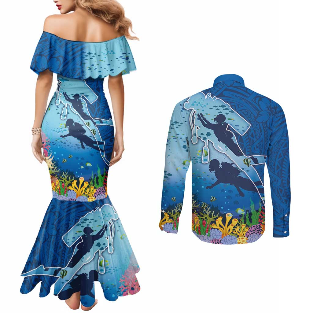 Polynesian Scuba Diving Couples Matching Mermaid Dress and Long Sleeve Button Shirt Beauty Corals with Underwater and Polynesian Pattern