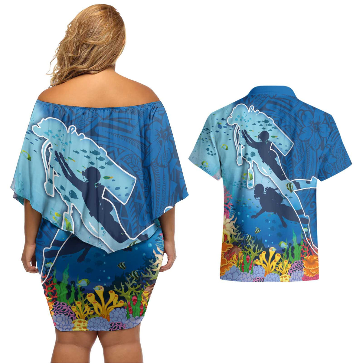 Polynesian Scuba Diving Couples Matching Off Shoulder Short Dress and Hawaiian Shirt Beauty Corals with Underwater and Polynesian Pattern
