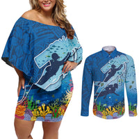 Polynesian Scuba Diving Couples Matching Off Shoulder Short Dress and Long Sleeve Button Shirt Beauty Corals with Underwater and Polynesian Pattern