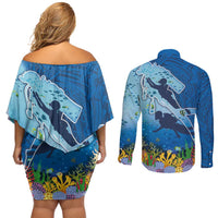 Polynesian Scuba Diving Couples Matching Off Shoulder Short Dress and Long Sleeve Button Shirt Beauty Corals with Underwater and Polynesian Pattern