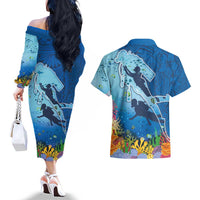 Polynesian Scuba Diving Couples Matching Off The Shoulder Long Sleeve Dress and Hawaiian Shirt Beauty Corals with Underwater and Polynesian Pattern