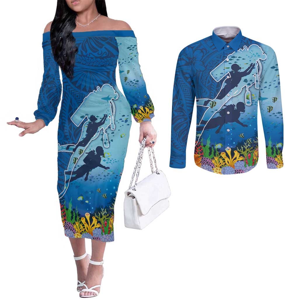 Polynesian Scuba Diving Couples Matching Off The Shoulder Long Sleeve Dress and Long Sleeve Button Shirt Beauty Corals with Underwater and Polynesian Pattern