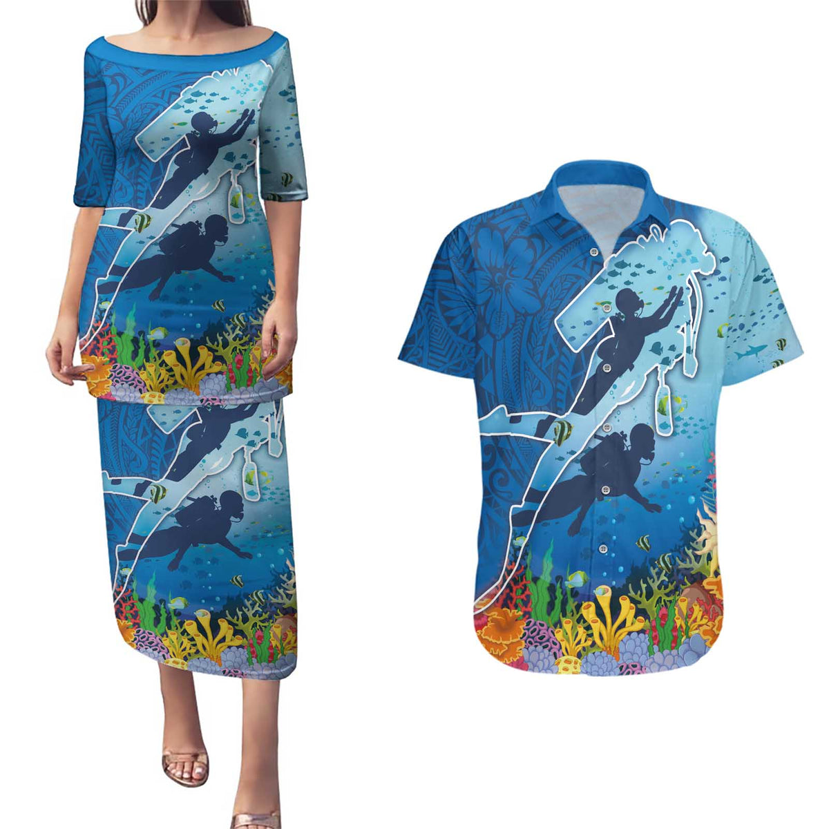 Polynesian Scuba Diving Couples Matching Puletasi and Hawaiian Shirt Beauty Corals with Underwater and Polynesian Pattern