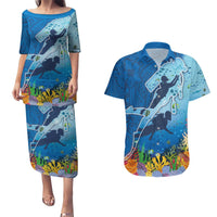 Polynesian Scuba Diving Couples Matching Puletasi and Hawaiian Shirt Beauty Corals with Underwater and Polynesian Pattern
